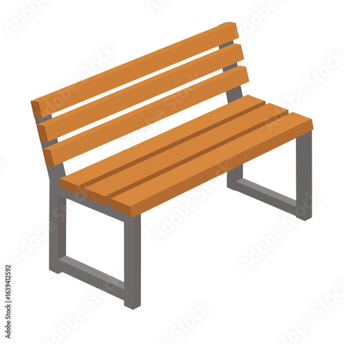 Isometric park bench with orange wooden slats and a grey metal frame.