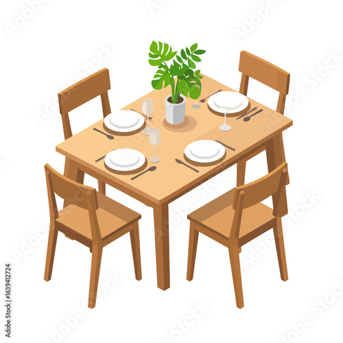 Four-Person Wooden Dining Table Set with Decor