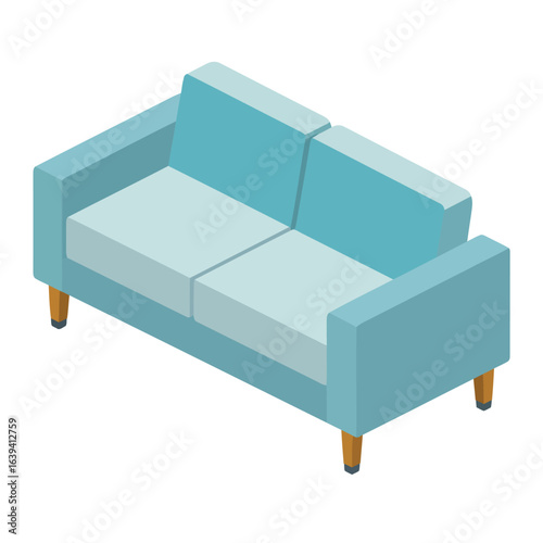 Isometric blue two-seater sofa with light cushions and tapered wooden legs.