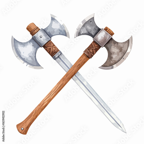 Crossed Medieval Double-Bladed Axes and Sword, Watercolor Style