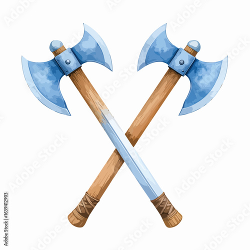 Crossed double-bitted battle axes with blue steel blades and wrapped wooden handles.