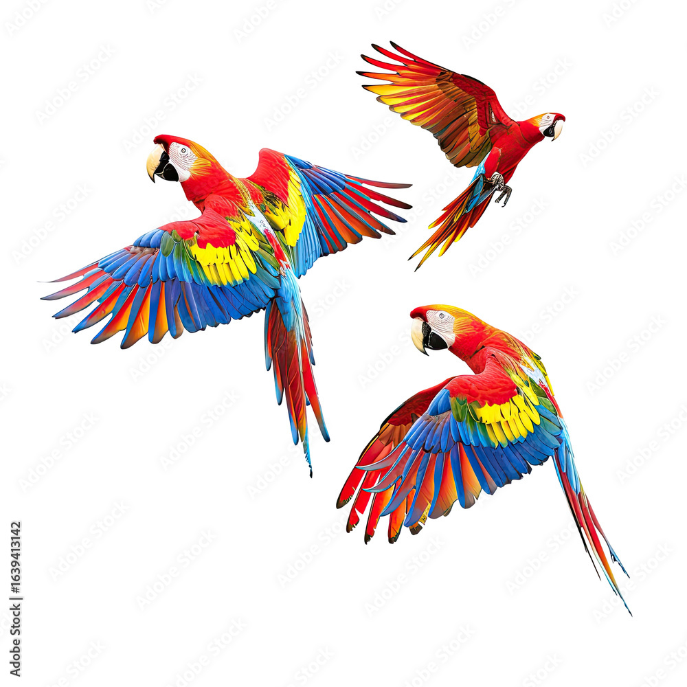 Fototapeta premium Scarlet Macaws in Flight, Jungle Background, Wildlife Print