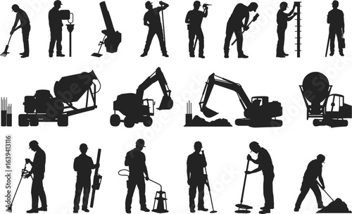 Construction worker silhouettes, heavy equipment, manual labor, building site tools, industrial 
