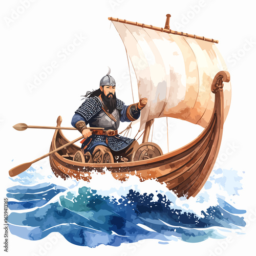 Stylized Viking warrior in helmet and chainmail armor sailing longship on dynamic blue waves