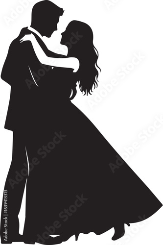 Silhouetted couple dances intimately; man in suit, woman in flowing gown, black against white, romantic, elegant, close-up, soft light, dreamy, timeless.