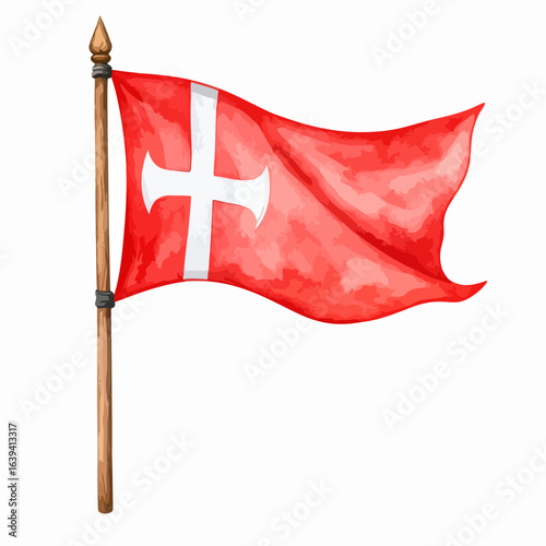 Watercolor illustration of a waving red medieval flag with a white cross patt?e on a wooden pole.