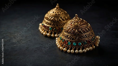 Close up shot of two golden jhumka earrings with pearls and gemstones on a dark background studio shot