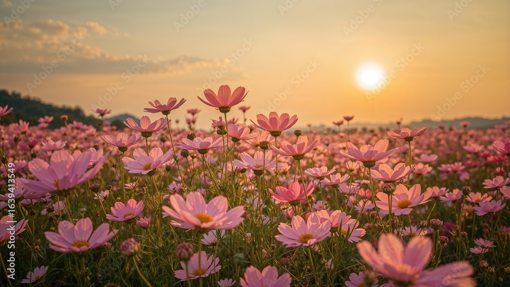 Obraz premium Vibrant Cosmos blossoms under a fall sky