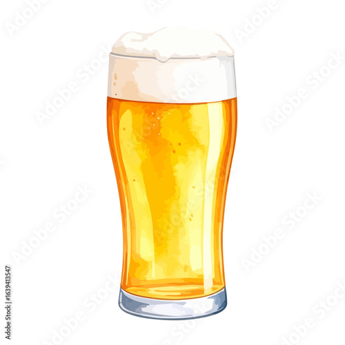 A tall glass of golden lager beer with a frothy white head, illustrated in a vibrant watercolor style.