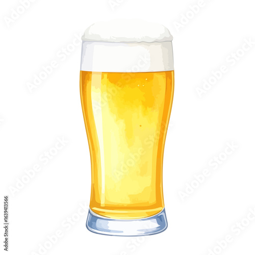 A tall, curvy glass of golden lager beer with a thick, frothy white head, in a watercolor style.