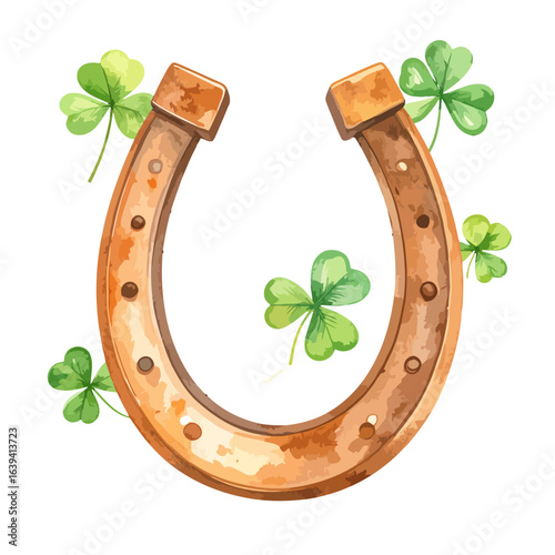 Watercolor Illustration of a Lucky Horseshoe with Shamrocks