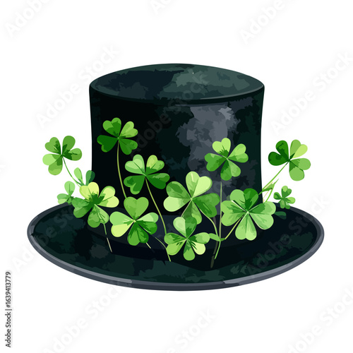 A festive black leprechaun top hat with a watercolor texture, adorned with a band of lucky green shamrocks.