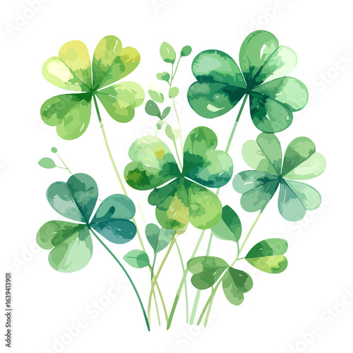 Watercolor Style Shamrock Clipart with Green Shades and Delicate Stems