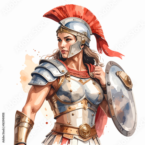Powerful female warrior in ancient Greco-Roman armor with a red-crested helmet and shield.