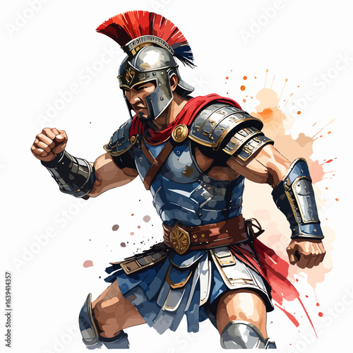 Ancient Roman Warrior in Detailed Metallic Armor with Red Plume Helmet and Determined Pose