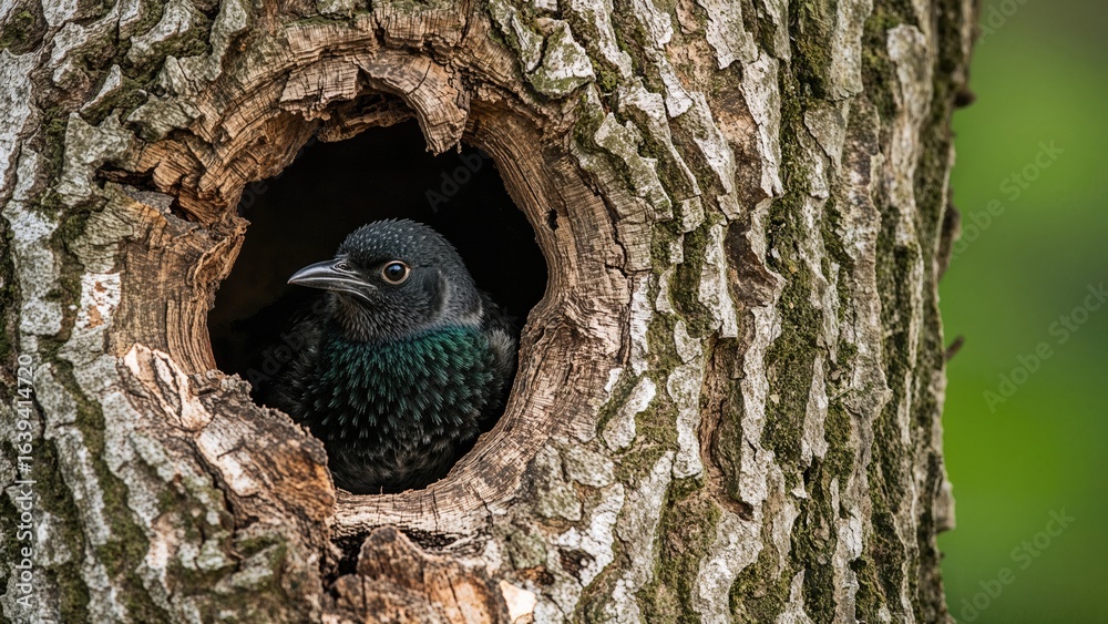 Obraz premium Birdwatching moment featuring a starling looking out from a tree hollow