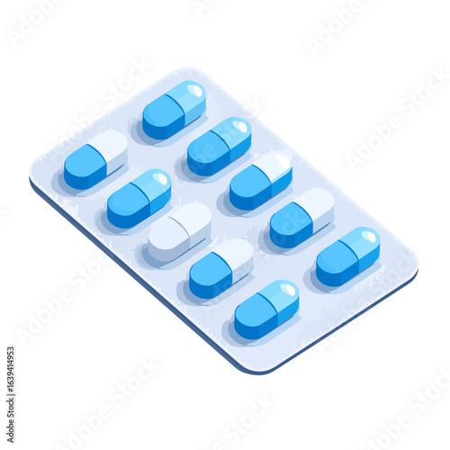 Isometric blister pack with ten two-tone blue and white medicinal capsules.