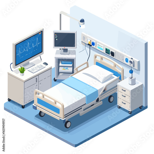 Isometric hospital room with modern medical equipment, an empty bed, and a vital signs monitor showing an EKG.