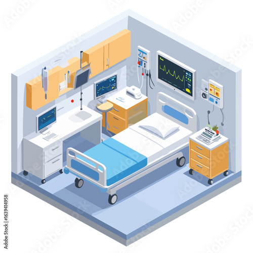 Isometric illustration of a modern hospital room with advanced medical technology and monitoring equipment.