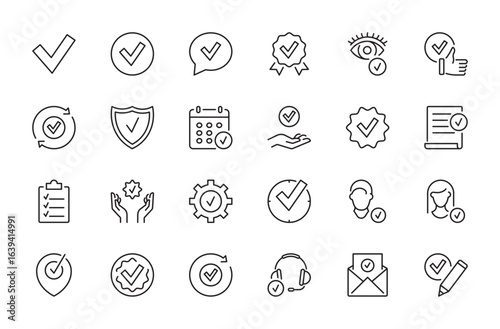 Check mark icon set. Check, validate, verification, done, support, complete, give permission, correct, evaluate, check point, tick, warranty, identification, approval, confirm. Vector illustration.