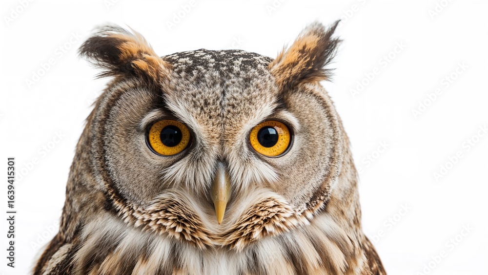 Close-up of a large-eared owl with striking eyes on a white backdrop, showcasing a fierce raptor. Close-up of a large-eared owl with striking eyes on a white backdrop, showcasing a fierce raptor.