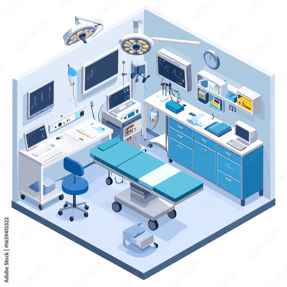 Isometric view of a modern hospital operating room with advanced medical equipment, surgical table, and monitors. Isometric view of a modern hospital operating room with advanced medical equipment, surgical table, and monitors.