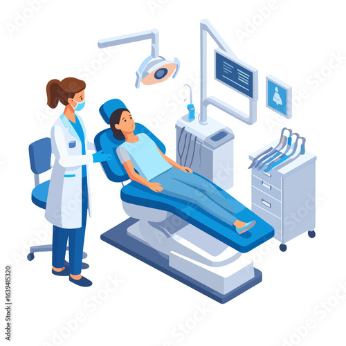 Female dentist in a mask and lab coat consulting a patient lying in a modern blue dental chair in an isometric clinic scene.