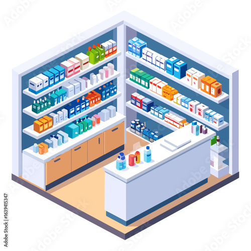 Isometric Pharmacy Interior with Shelves Stocked with Medicines and Products