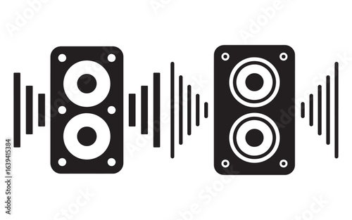 Black stereo speakers emitting sound waves audio