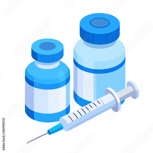 Isometric illustration of two blue vaccine vials and a syringe. A medical vaccination kit with medicine bottles and a hypodermic needle for injection.