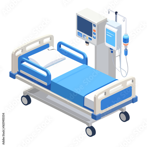 Isometric illustration of an empty hospital bed with blue rails, a medical monitor, and an IV drip stand.