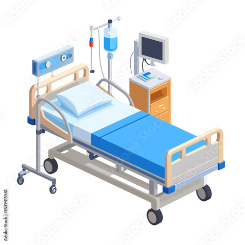 Modern Hospital Bed with IV Stand and Medical Monitor