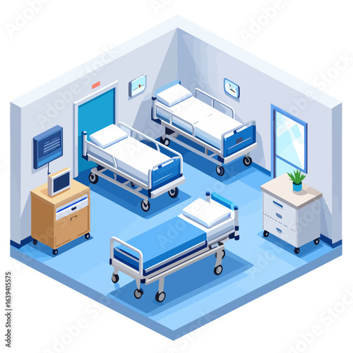 Isometric view of a modern hospital room with empty adjustable beds and medical equipment.