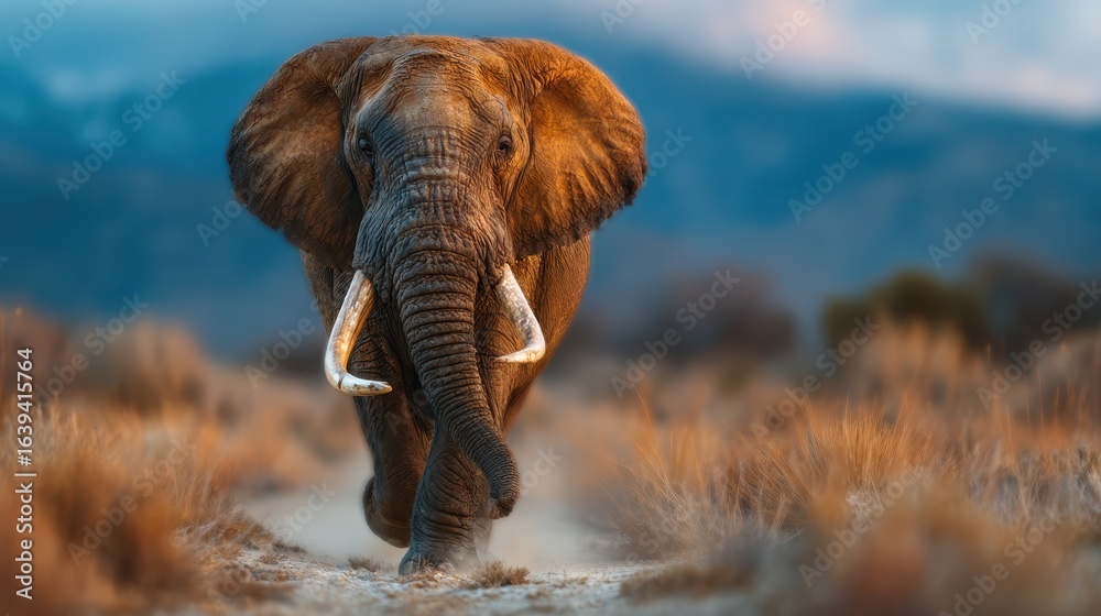 Naklejka premium A striking close-up view of an elephant walking gracefully across a serene savanna, showcasing its grandeur and the natural beauty of the environment surrounding it.