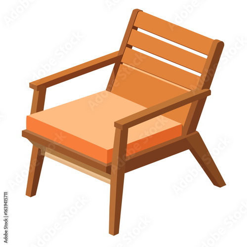 Modern wooden armchair with a slatted back and a soft orange seat cushion, isometric view.