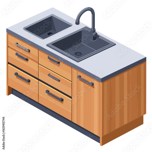 Modern Double-Basin Kitchen Sink Unit with Light Wood Cabinets and Dark Gray Sinks