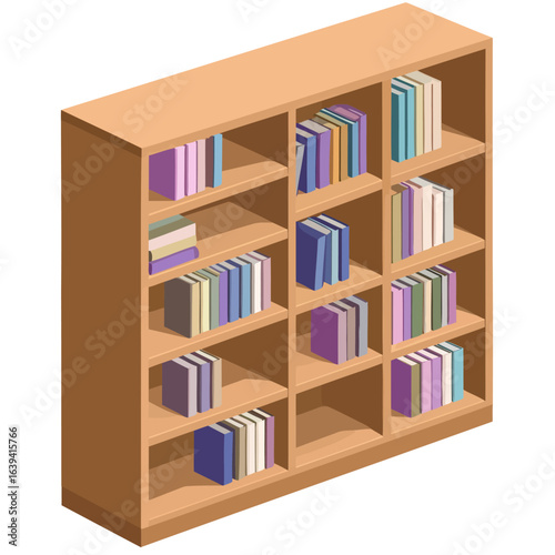Isometric wooden bookshelf with multiple shelves filled with colorful books in shades of purple, blue, and green.