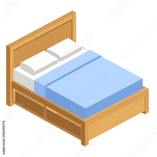 Isometric wooden double bed with storage drawers, white pillows, and a light blue duvet.