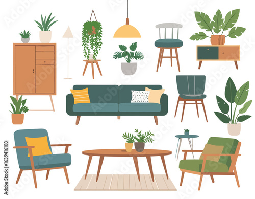 Flat vector illustration set of modern Scandinavian living room furniture and urban jungle houseplants.