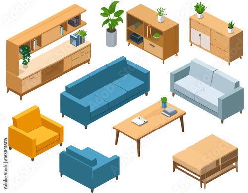 Modern isometric living room furniture set with colorful sofas, wooden cabinets, and tables.