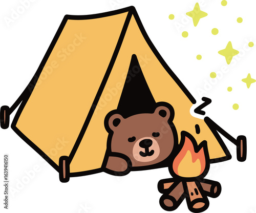 Cute cartoon bear sleeping in a tent next to a campfire, camping and outdoor adventure illustration