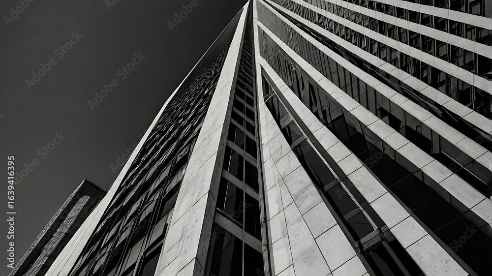 Fototapeta premium Low angle view of a tall building with repeating window patterns in black and white photography style