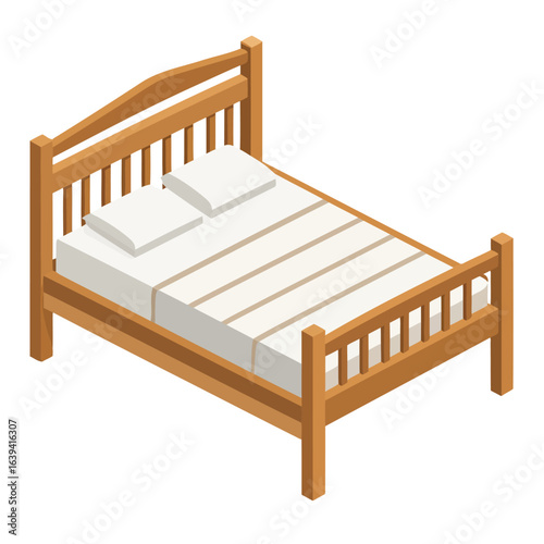 Wooden double bed with slatted headboard and striped bedding in an isometric vector style.