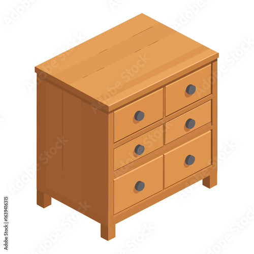 Isometric wooden chest of drawers with six drawers and dark round knobs.