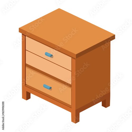 Isometric wooden nightstand with two drawers and blue handles. A simple cartoon bedside table illustration.