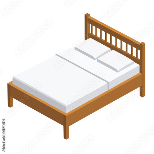 Isometric wooden double bed with a slatted headboard and clean white bedding.