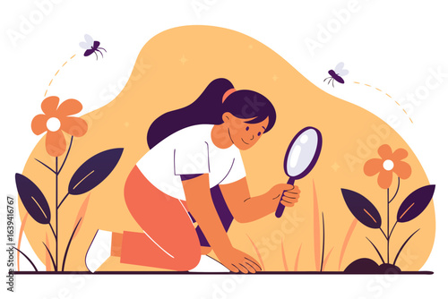 Girl exploring insect with magnifying glass