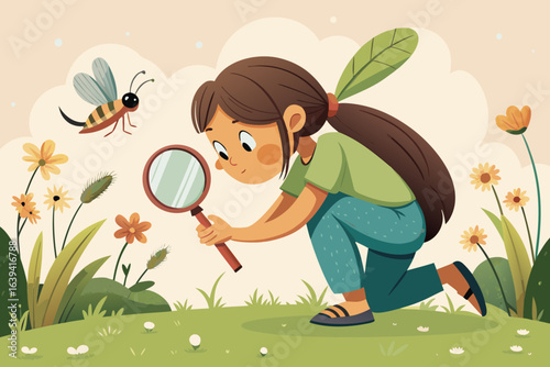 Girl exploring insect with magnifying glass