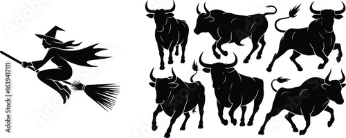 Flying witch silhouette, Halloween witch art, broomstick witch design, spooky witch vector, 