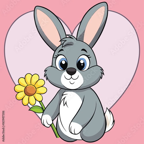A fun cartoon illustration of a cute, pink bunny character smiling happily while holding an Easter egg